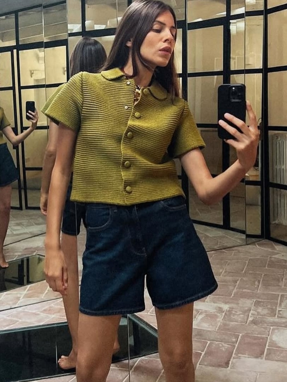 Zara Chunky Knit Peter Pan Collar Short Sleeve Top. Green. Size Large— NWOT